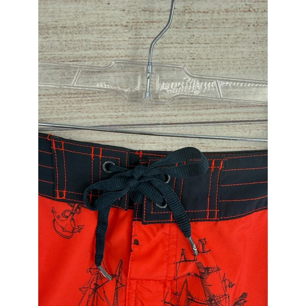 Vintage Y2K Quiksilver Board Shorts Mens 31 Red Pirate Ship Skeleton Nautical
